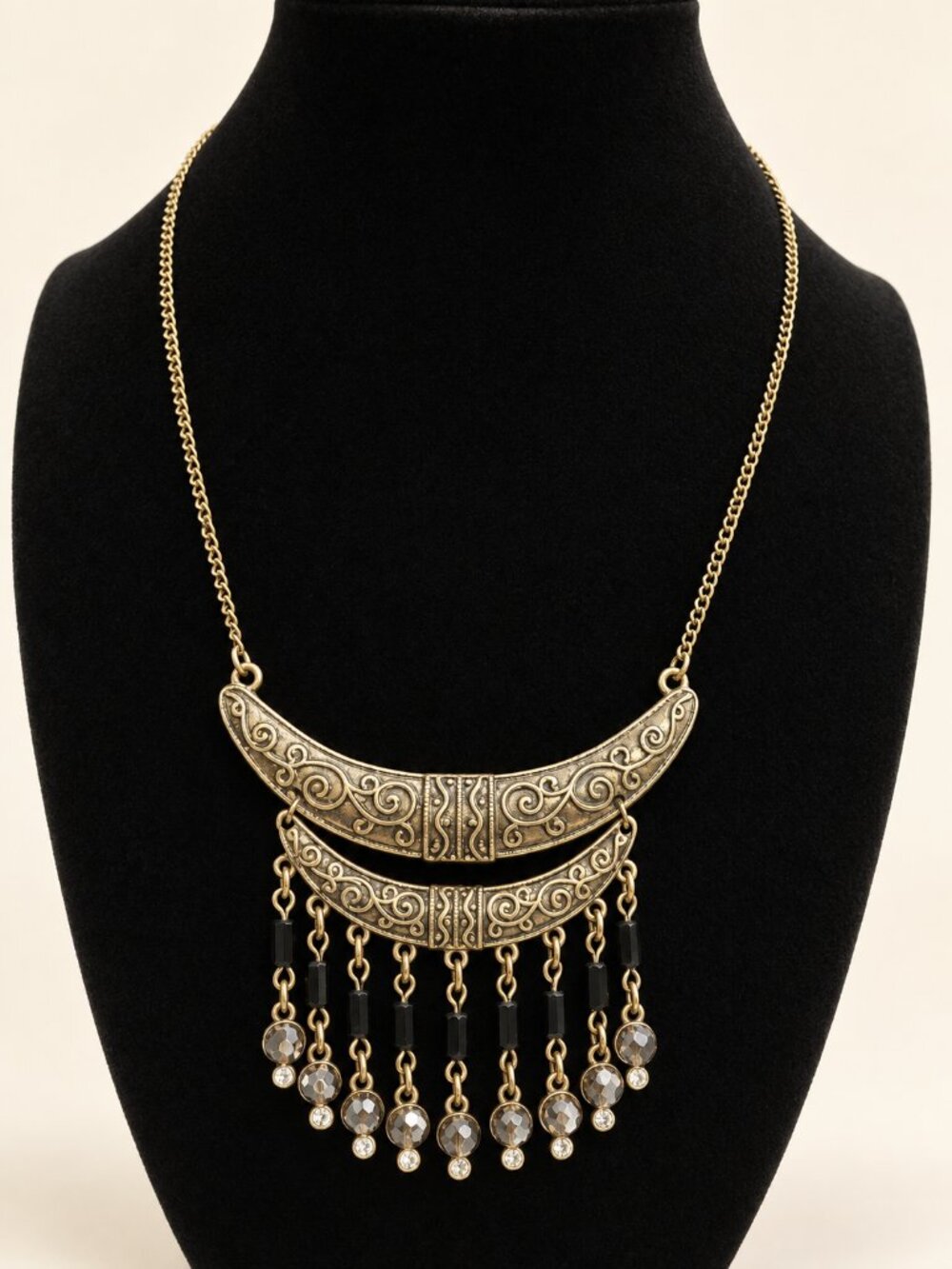 Ornate Gold Tone Crescent Bib Necklace with Black Beads & Crystal Fringe